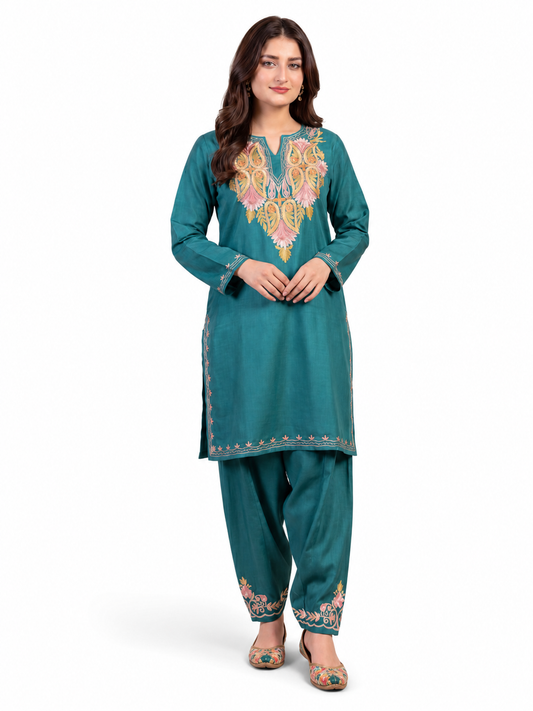 Kashmir Aari cotton Co-Ord Set | Dark Teal