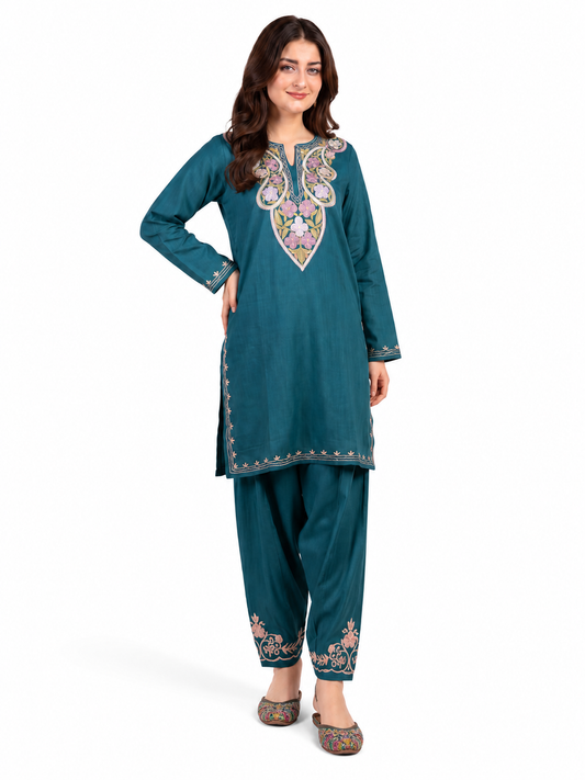 Kashmir Aari cotton Co-Ord Set | Dark Teal