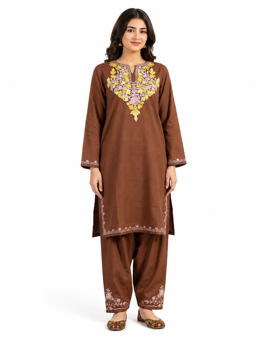 Kashmir Aari cotton Co-Ord Set | Grayish Brown
