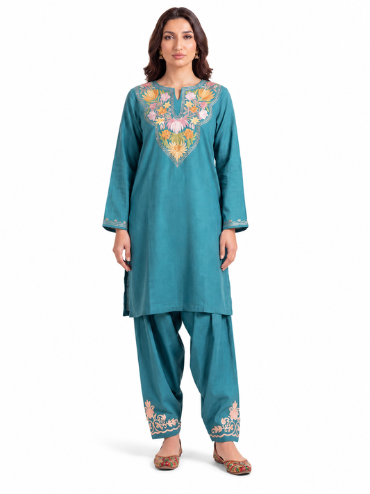 Kashmir Aari cotton Co-Ord Set | Dark Teal