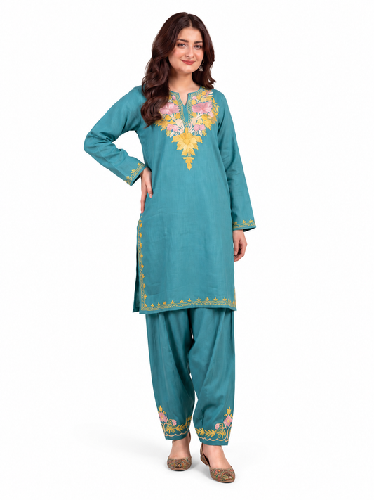 Kashmir Aari cotton Co-Ord Set | Dark Teal