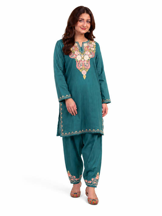 Kashmir Aari cotton Co-Ord Set | Teal Green