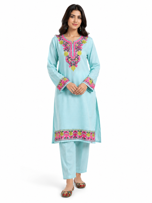 Noor : Kashmiri Aari embroidery summer Co-Ord Set | Aqua