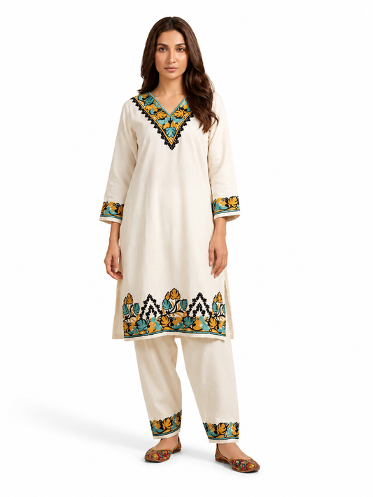 Noor : Kashmiri Aari embroidery summer Co-Ord Set | Light Gray