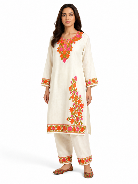 Noor : Kashmiri Aari embroidery summer Co-Ord Set | Light Gray