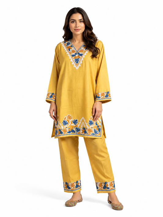 Noor : Aari embroidery summer Co-Ord Set | Gold