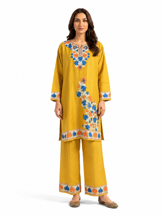 Noor : Aari embroidery summer Co-Ord Set | Gold