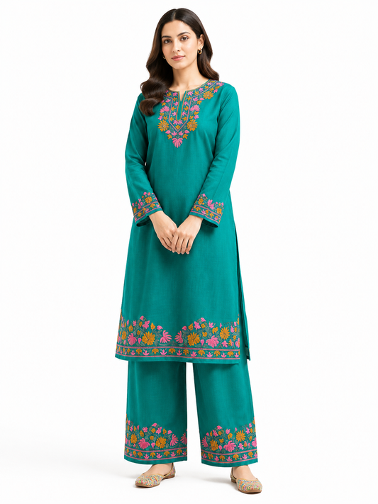 Kashmir Aari cotton Co-Ord Set | Dark Teal