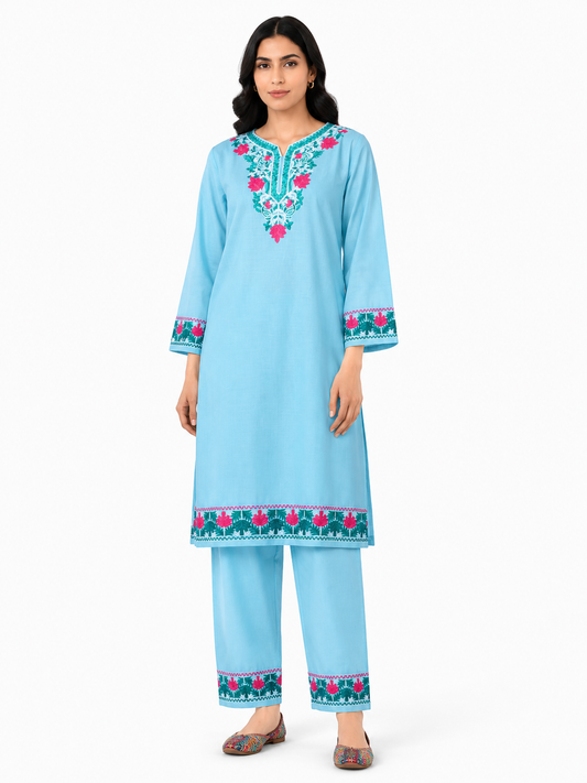 Kashmir Aari cotton Co-Ord Set | Light Turquoise