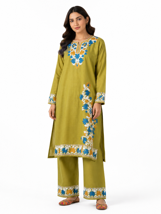Kashmir Aari cotton Co-Ord Set | Light Moss Green