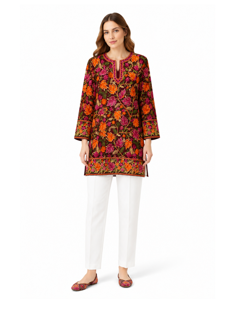 Noor : chinar embroidery summer kurti | Dark Red