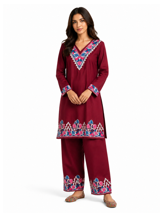 Noor : Aari embroidery summer Co-Ord Set | Dark Red