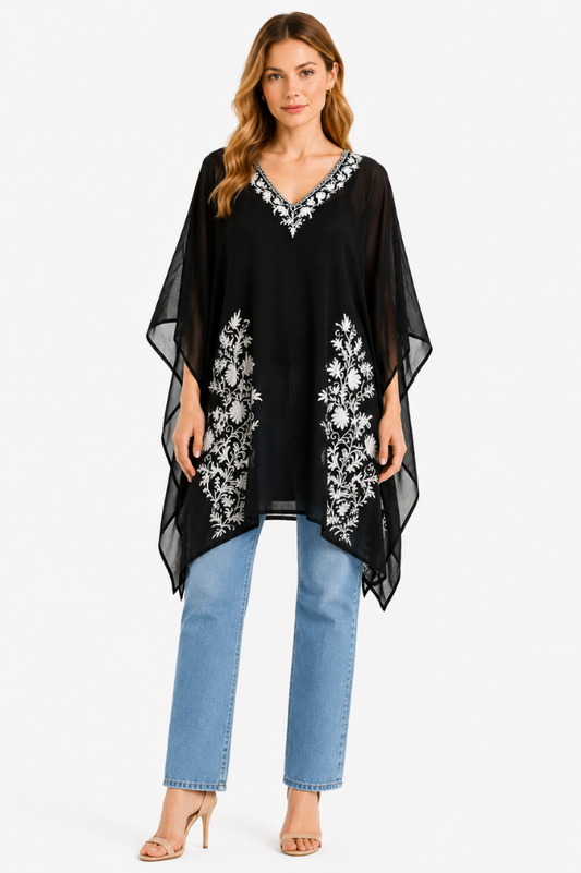 Midnight Noir Chiffon Short Kaftan with Pearl White Aari Embroidery