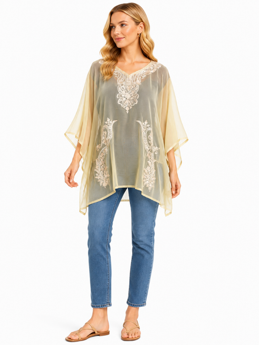 Sage Olive Chiffon Kaftan with Intricate Ivory Floral Embroidery