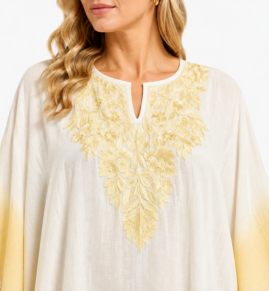 Elegant Ivory Kaftan with Golden Floral Embroidery