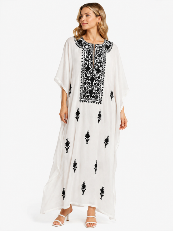 Elegant Ivory White Kaftan with Intricate Black Floral Embroidery