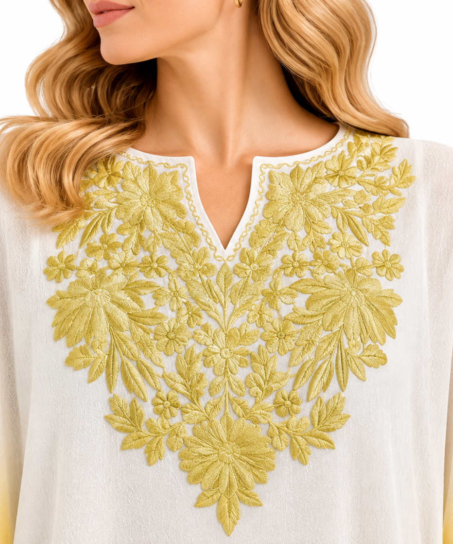 Ivory White & Golden Yellow Embroidered Kaftan with Intricate Floral Neckline and Side Border Detailing