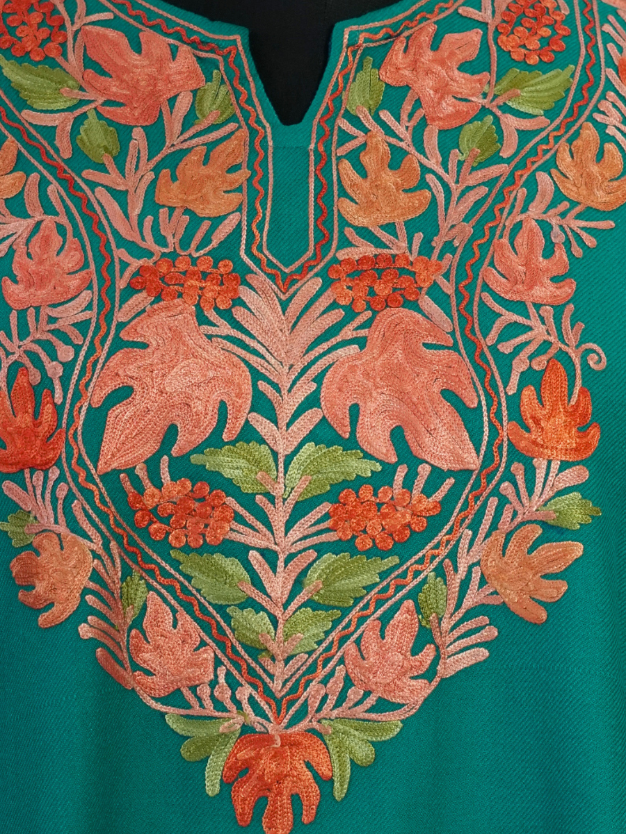 Teal Green Kashmiri Pheran with Coral & Peach Chinar Embroidery – KAARKASH