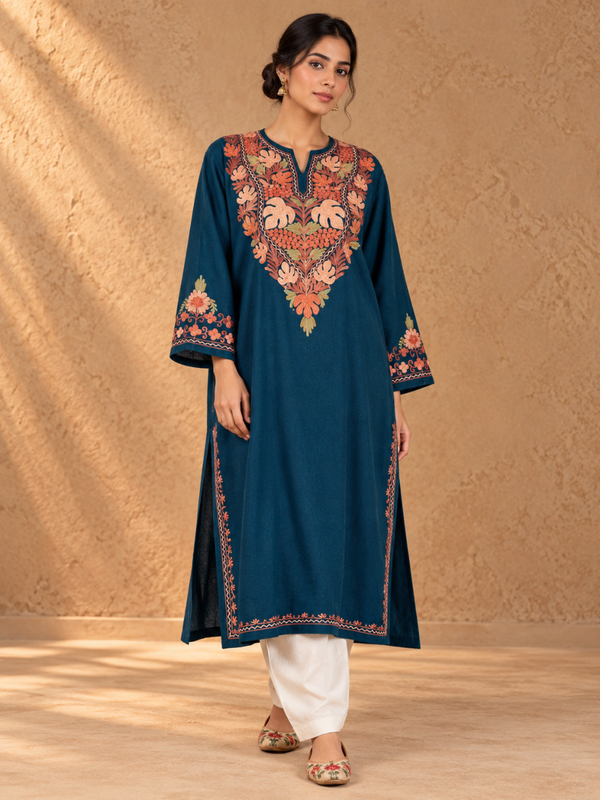 Blue Kashmiri Pheran with Embroidery | Manual Aari Embroidered Wool Phiran