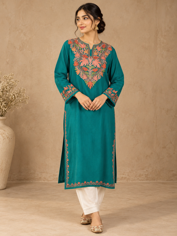 Teal Kashmiri Pheran with Embroidery | Manual Aari Embroidered Wool Phiran (