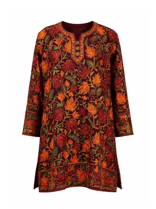 Noor : chinar embroidery summer kurti | Dark Red Georgette 