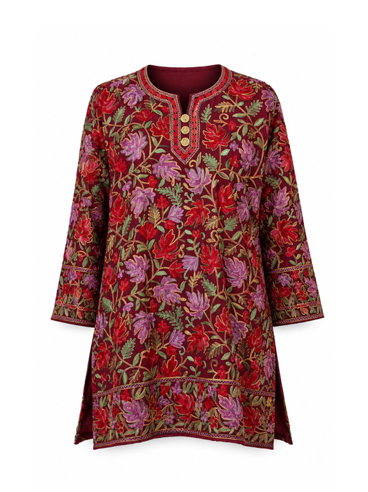 Noor : chinar embroidery summer kurti | Dark Red