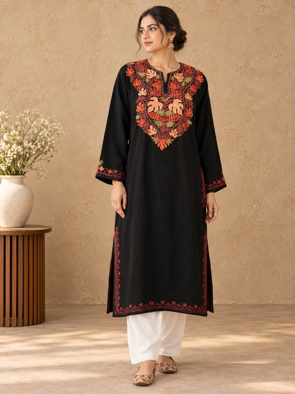 Black Kashmiri Pheran with Rust & Peach Chinar Embroidery – KAARKASH