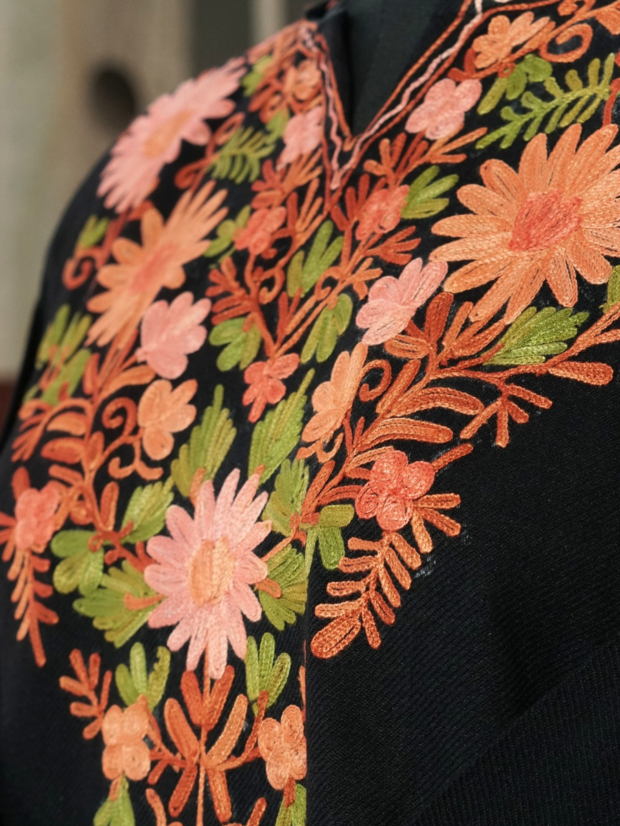 Black Kashmiri Pheran with Peach & Pink Floral Embroidery – KAARKASH