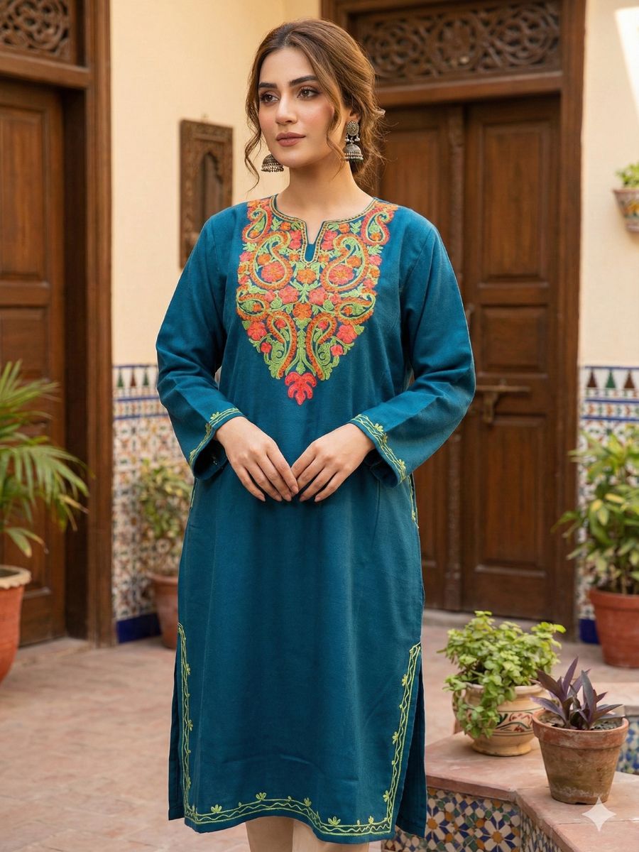 Kashmiri Golden , pink , green and red Aari Embroidered Phiran | mint teal