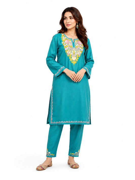 Noor : Kashmiri Aari embroidery summer Co-Ord Set | Aqua