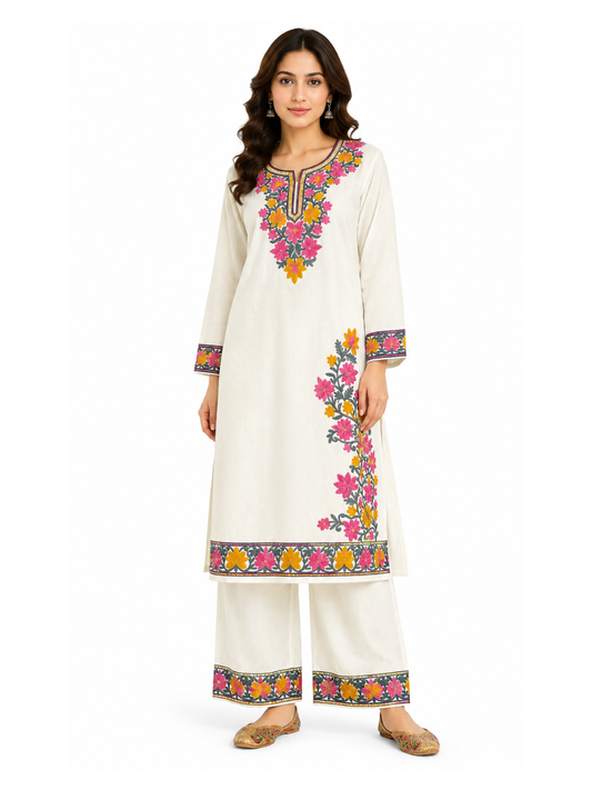 Noor : Kashmiri Aari embroidery summer Co-Ord Set | Light Gray