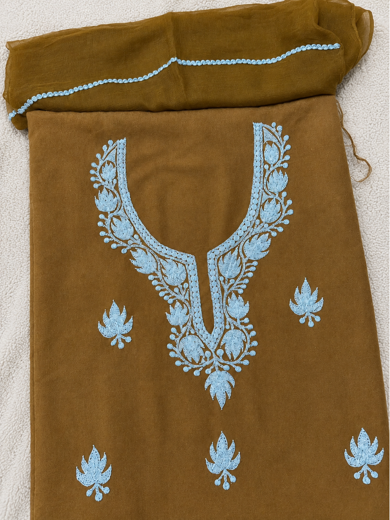 Kashmiri Botti Tilla 3 Piece Unstitched Alpine Cotton Suit | Brown