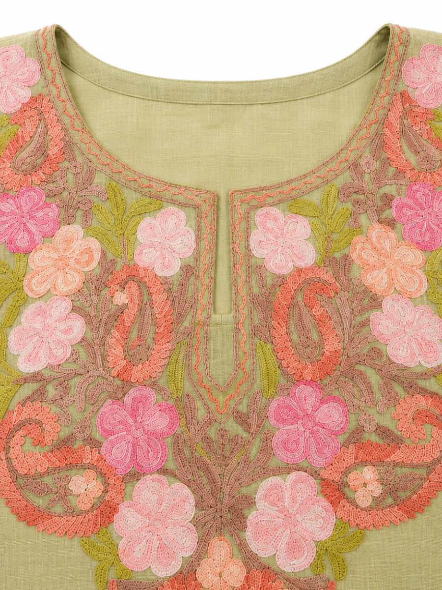 Noor : Kashmiri Aari embroidery summer Co-Ord Set | Olive Green