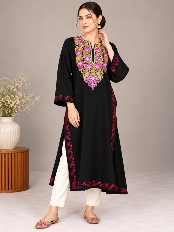 Black Kashmiri Pheran with Purple & Lime Green Chinar Embroidery – KAARKASH