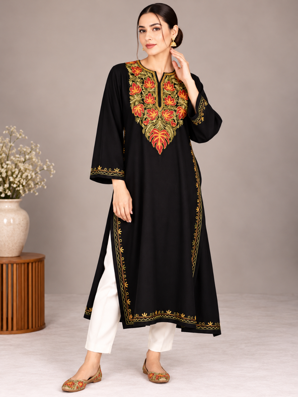 Black Kashmiri Pheran with Orange & Olive Green Chinar Embroidery – KAARKASH
