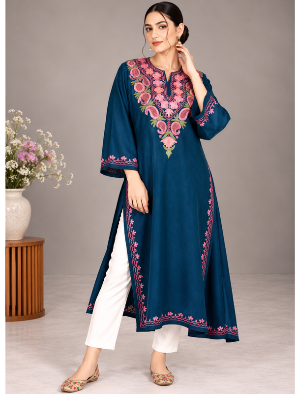 Teal Blue Kashmiri Pheran with Pink Paisley Embroidery – KAARKASH