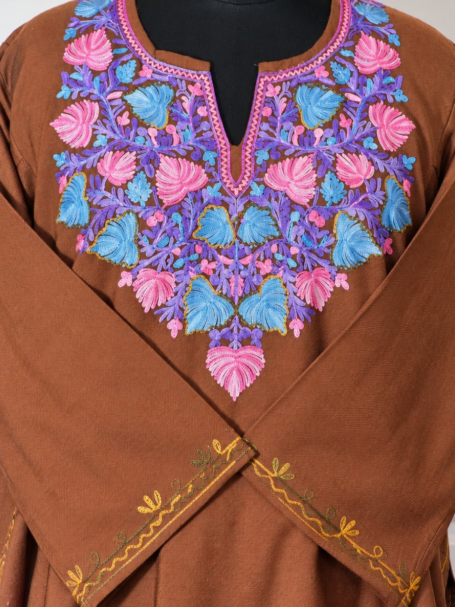 Brown Kashmiri Pheran with Purple Pamposh Embroidery – KAARKASH