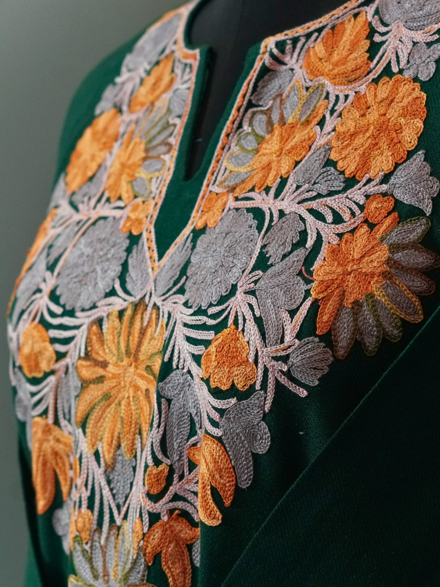 Teal Kashmiri Pheran with Embroidery | Aari Embroidered Wool Phiran