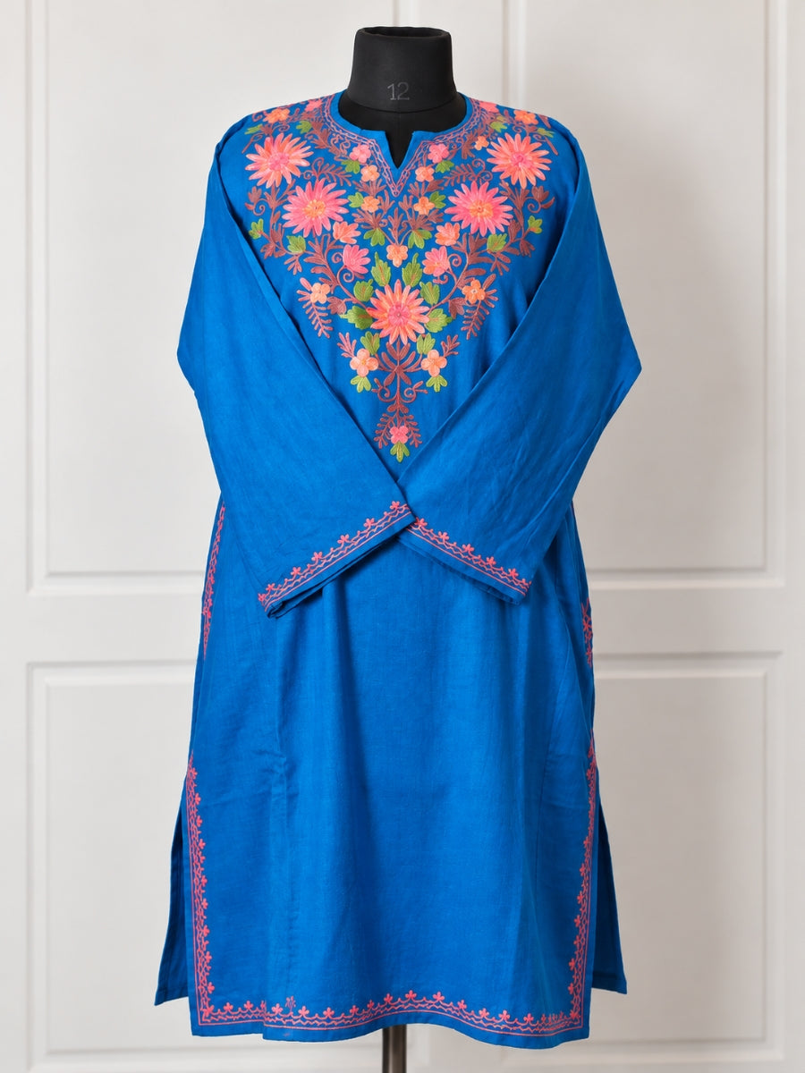 Cobalt Blue Kashmiri Pheran with Multicolour Floral Embroidery – KAARKASH