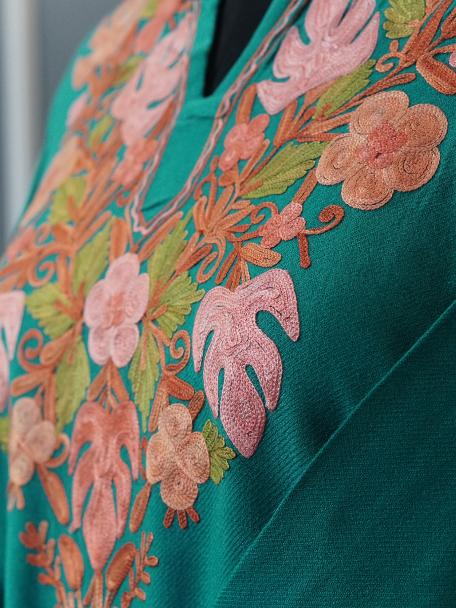 Teal Kashmiri Pheran with Embroidery | Aari Embroidered Wool Phiran