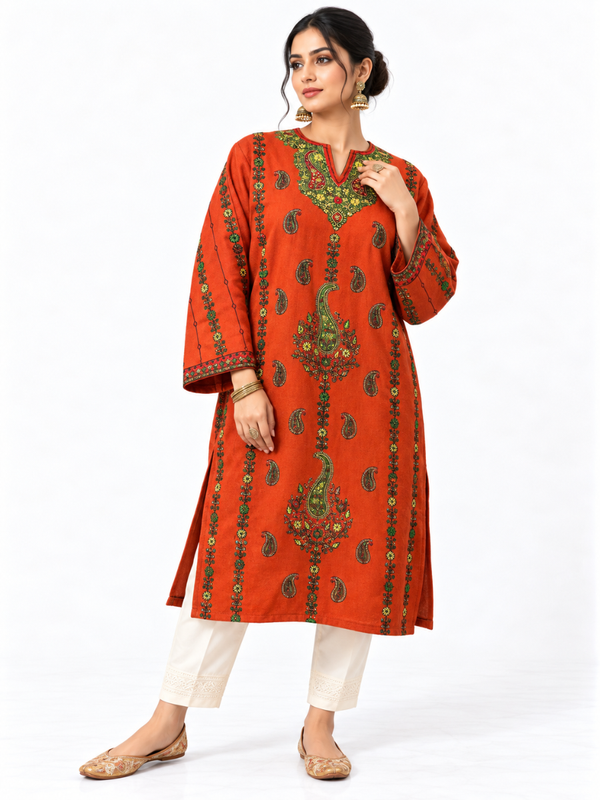 Kashmiri Sozni Embroidered Pheran (Phiran) | Orange