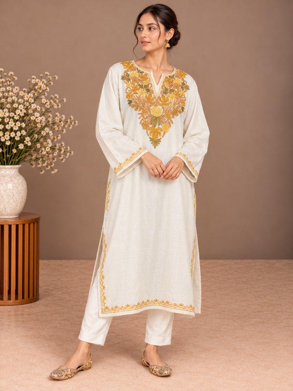 White Kashmiri Pheran with Mustard & Gold Floral Embroidery – KAARKASH