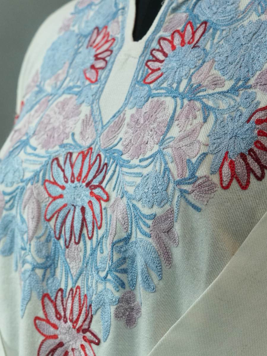 White Kashmiri Pheran with Blue & Maroon Floral Embroidery – KAARKASH