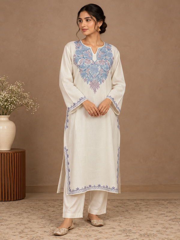White Kashmiri Pheran with Sky Blue & Lilac Floral Embroidery – KAARKASH