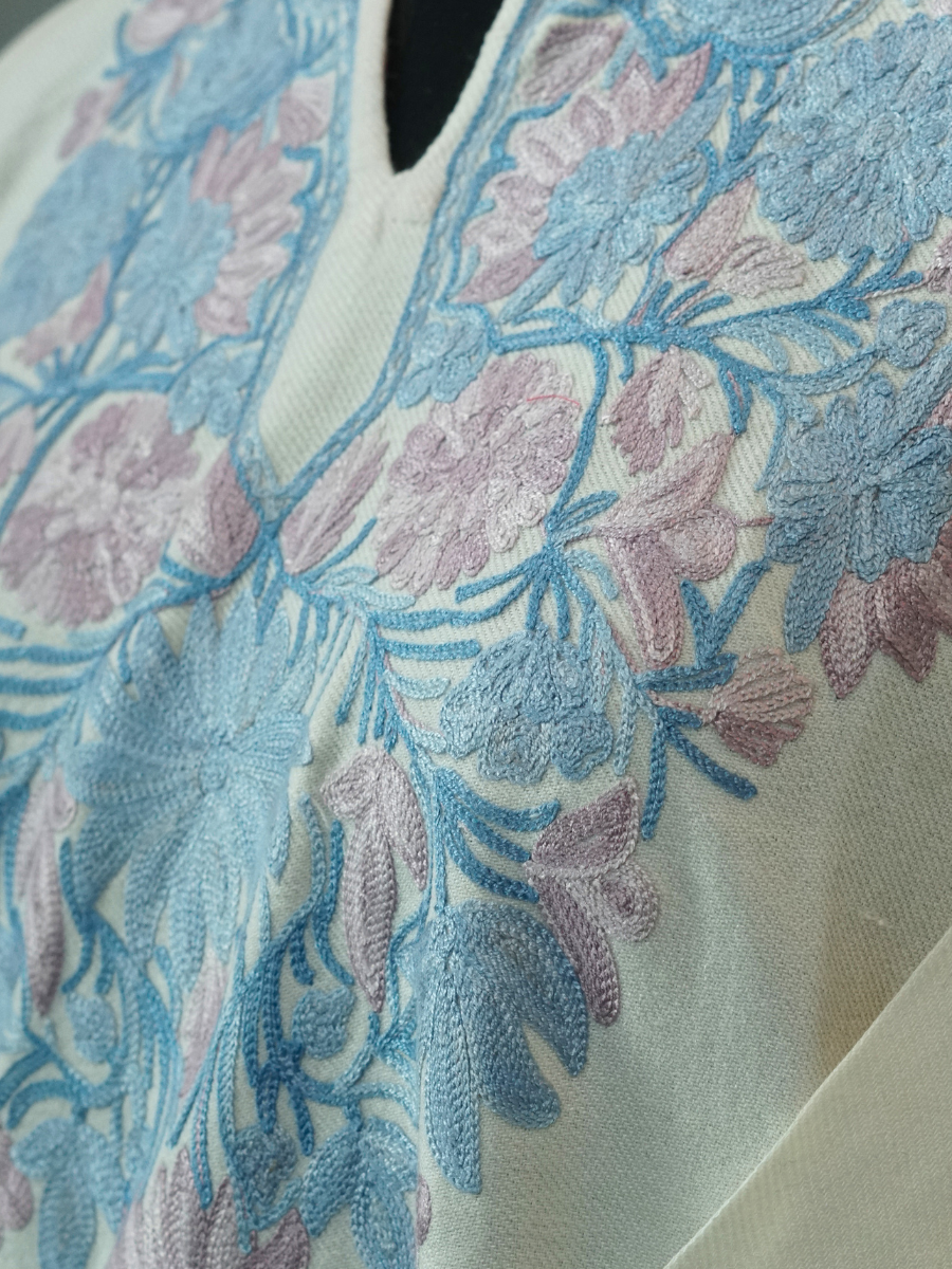 White Kashmiri Pheran with Sky Blue & Lilac Floral Embroidery – KAARKASH