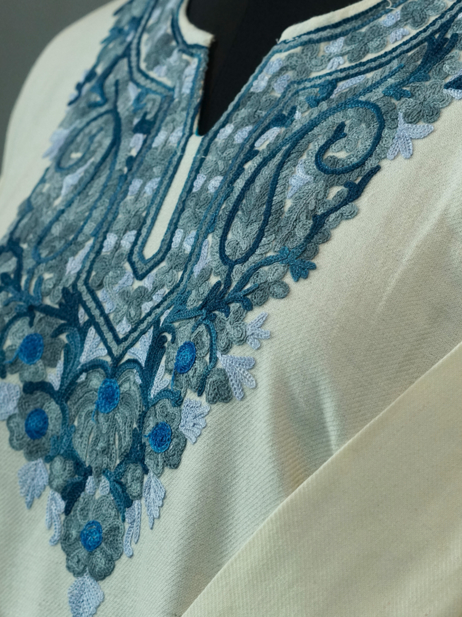 White Kashmiri Pheran with Navy & Powder Blue Paisley Embroidery – KAARKASH