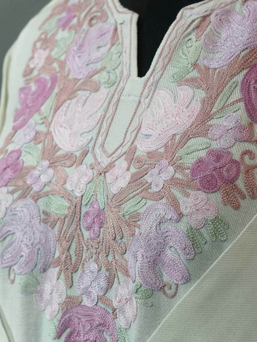 White Kashmiri Pheran with Lilac & Pink Floral Embroidery – KAARKASH