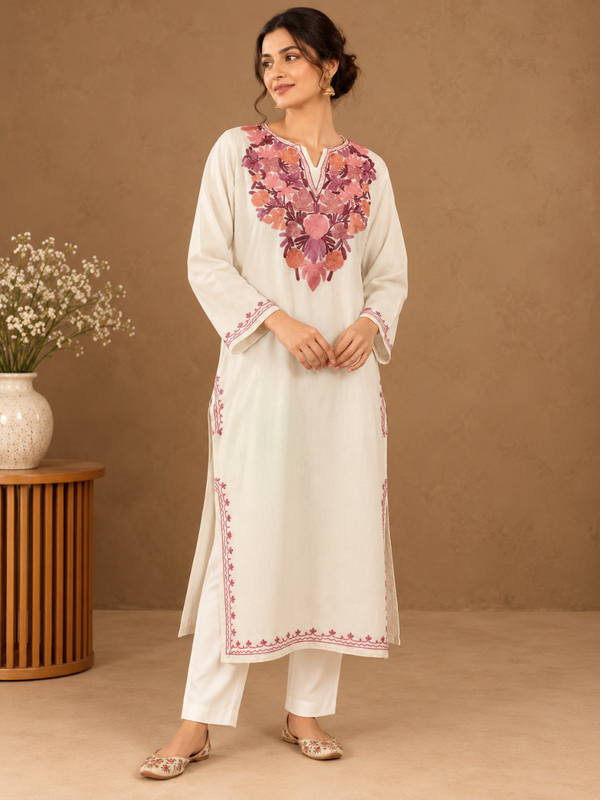 White Kashmiri Pheran with Pink & Orange Floral Embroidery – KAARKASH