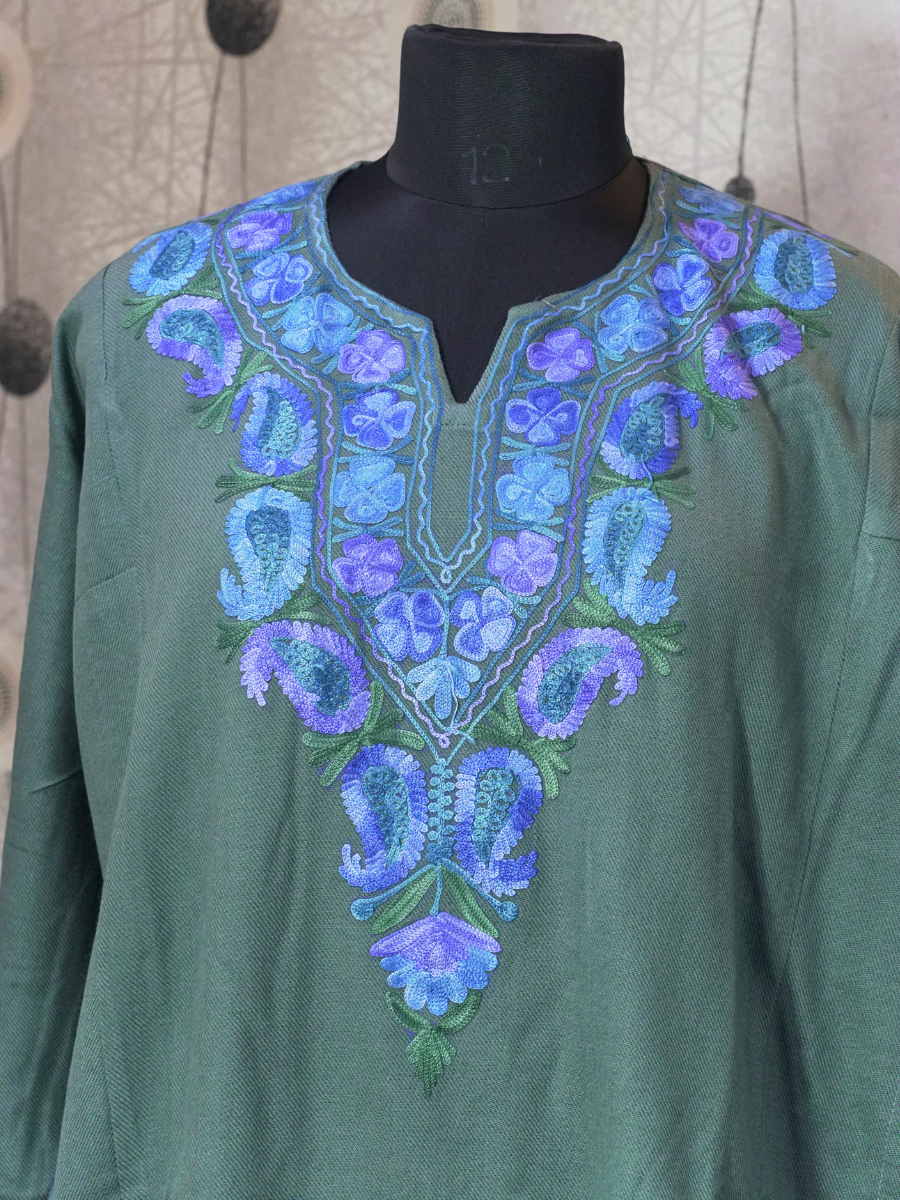 Dark Green Kashmiri Pheran with Blue Paisley Embroidery – KAARKASH