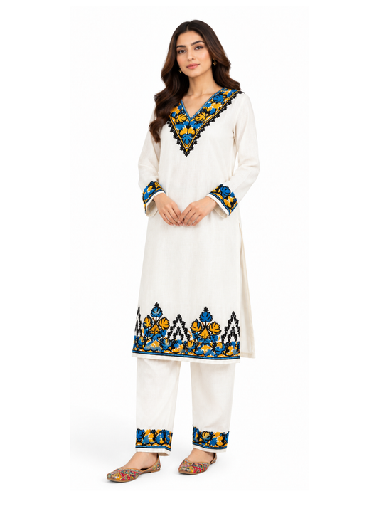 Noor : Kashmiri Aari embroidery summer Co-Ord Set | Light Gray